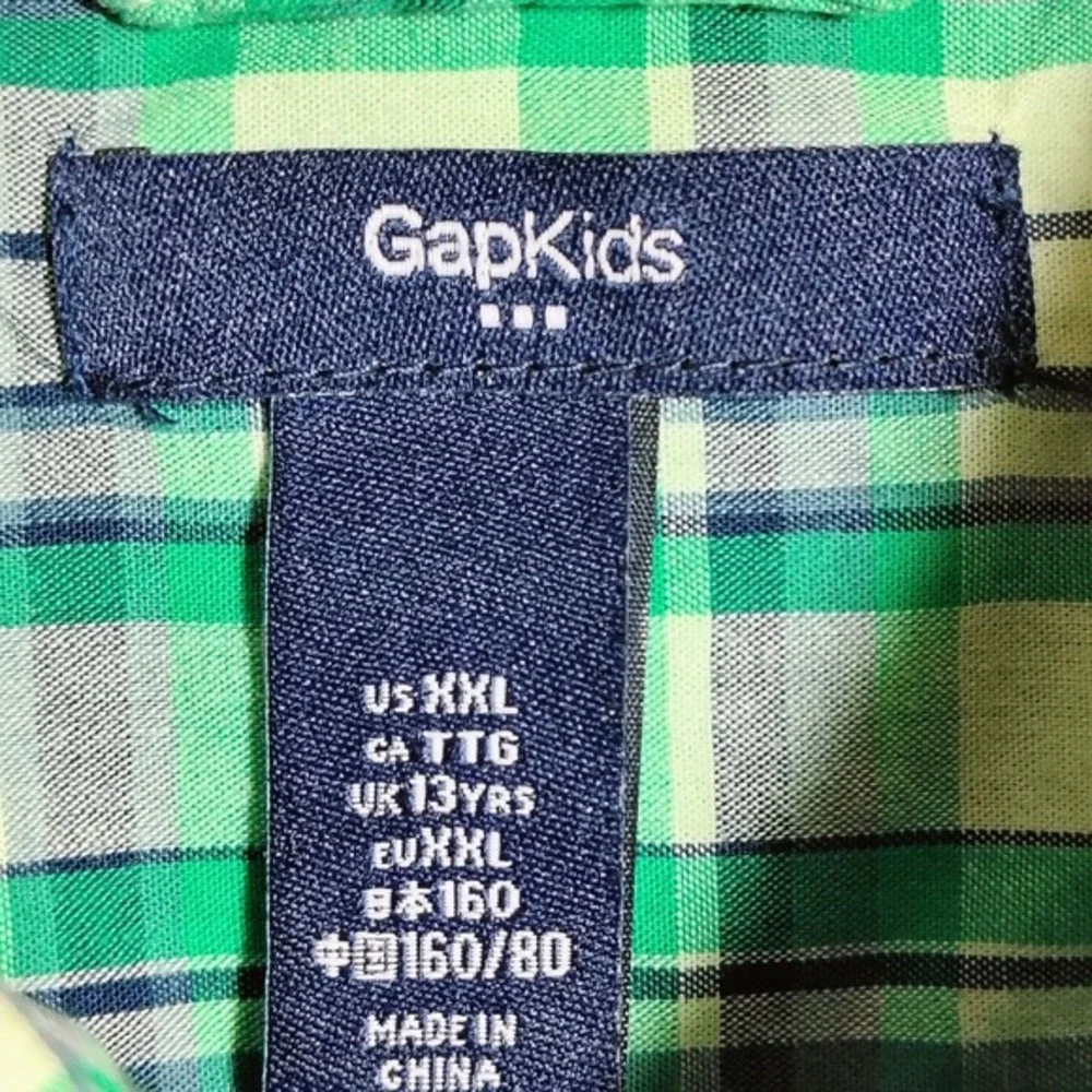 GapKids Boys XXL Short Sleeve‎ Button Up Plaid Shirt Green White Casual